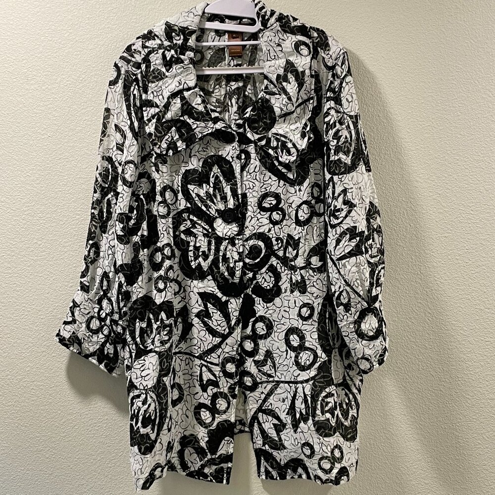 MULTIPLES White/Black Abstract Floral Long Sleeve Tunic Button Jacket Women XL